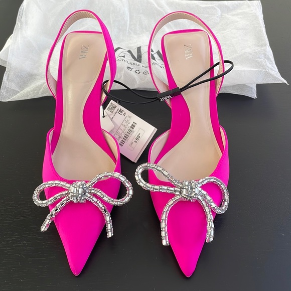 Women’s Zara Pink Slingback Heel Satin Effect Rhinestone Bow Shoes US 6 - Picture 11 of 11